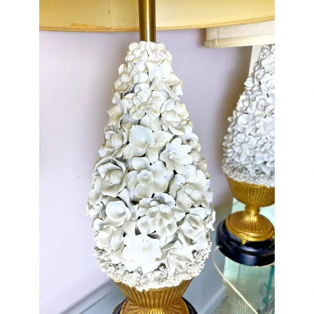 Rare Pair Vintage Porcelain Floral Table Lamps Ceramic‎ Casa Pupo Manises